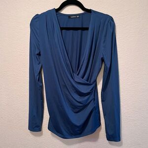 PattyBoutik Women's V-Neck Wrap Blouse Blue Long Sleeve Slim Fit Casual M